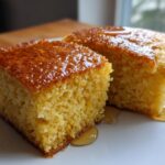 Two moist, golden squares of Maple Cornbread drizzled generously with syrup, sitting on a white plate.