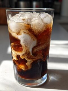 A tall glass filled with Midnight Malibu Dirty Soda, showing dark cola mixing dramatically with white cream over ice.