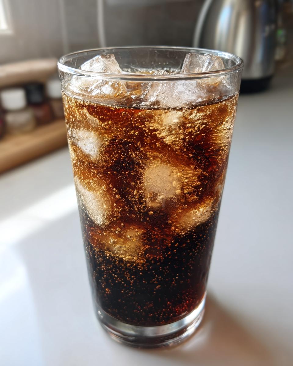 Close-up of a tall glass filled with a dark, fizzy Midnight Malibu Dirty Soda and ice cubes.