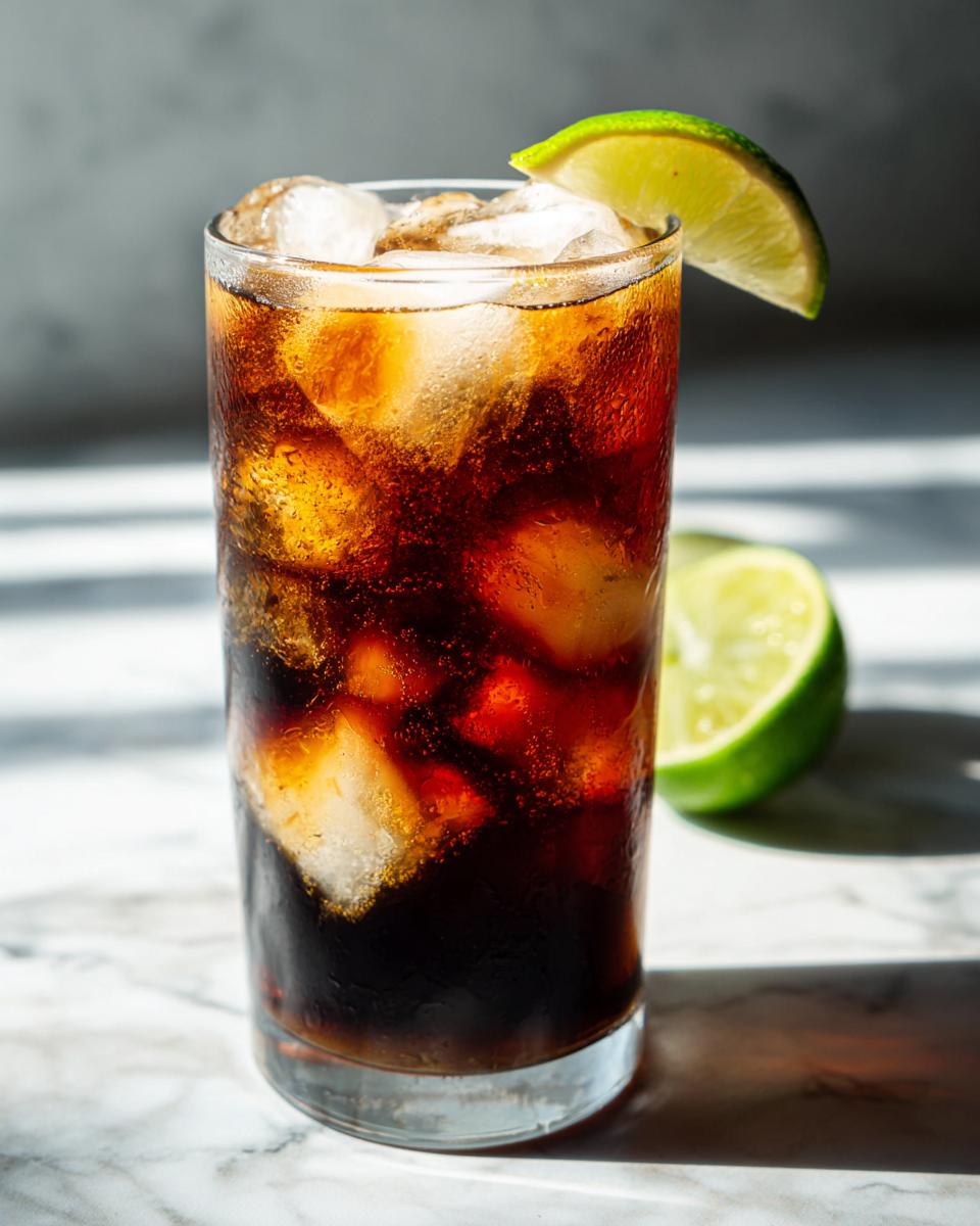 A tall glass filled with ice and dark soda, representing a Midnight Malibu Dirty Soda, garnished with a fresh lime wedge.