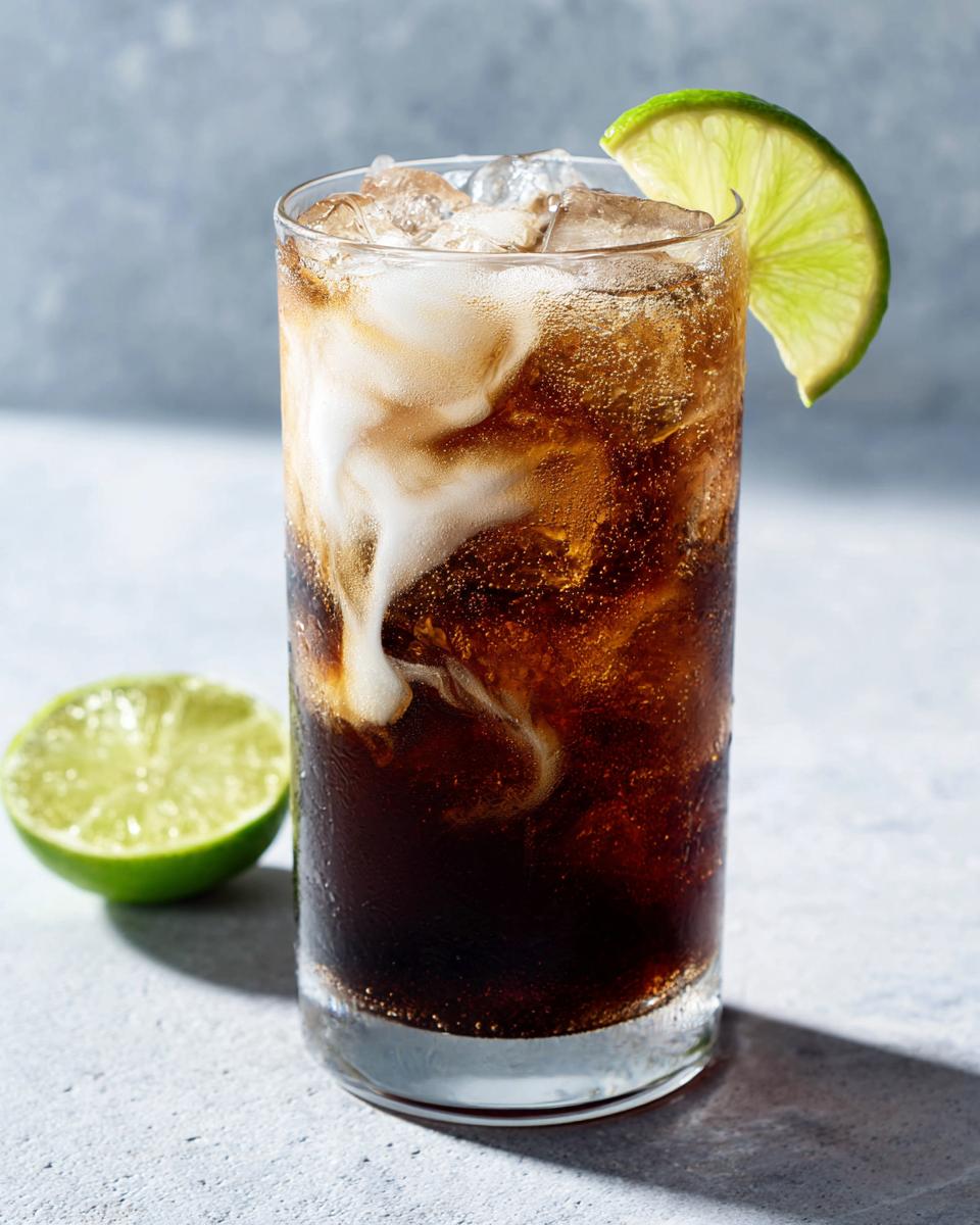 A tall glass filled with ice and a dark, carbonated Midnight Malibu Dirty Soda, showing cream swirling in the cola, garnished with a lime wedge.