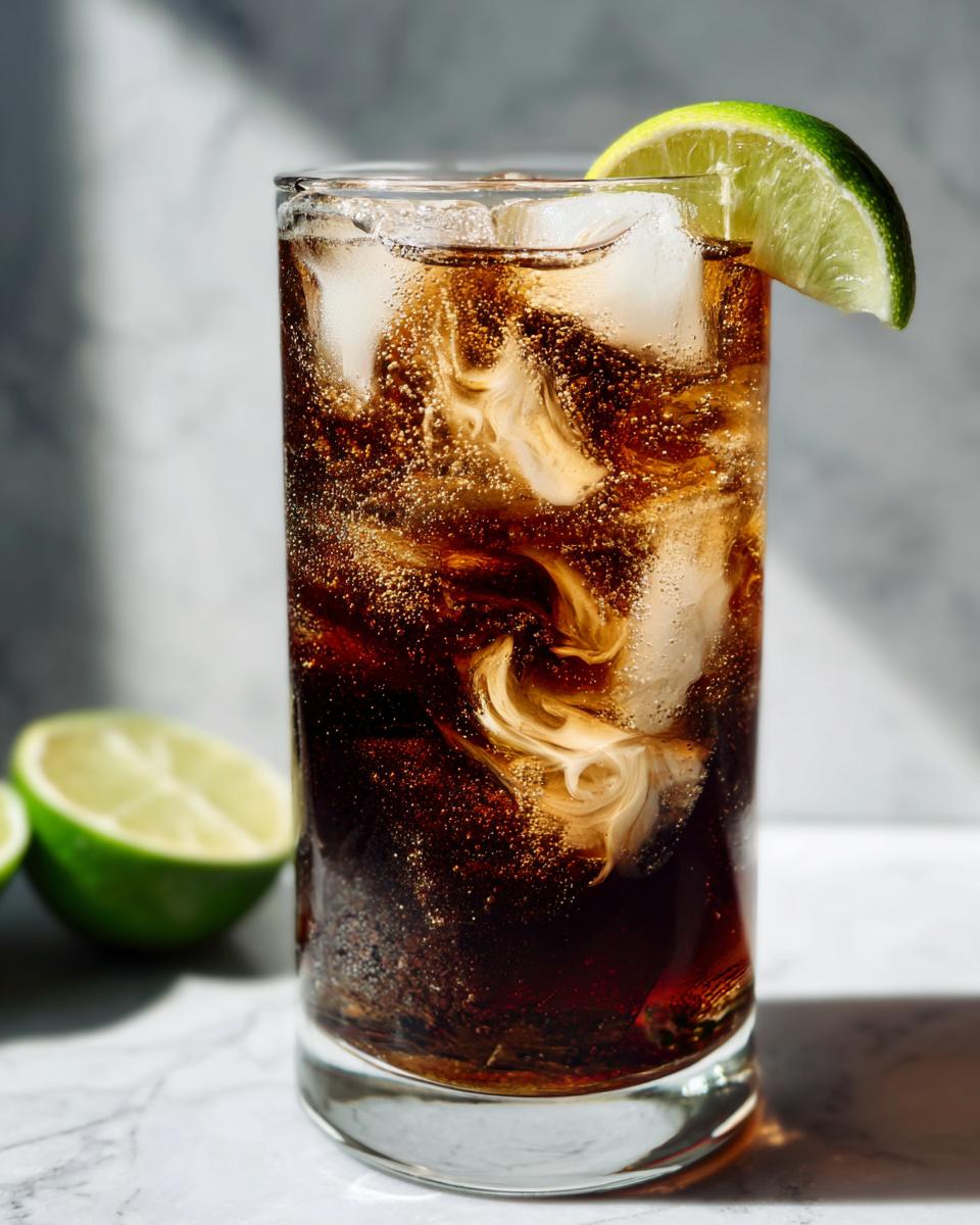 Close-up of a Midnight Malibu Dirty Soda in a tall glass, showing dark soda, ice, and a swirl of cream, garnished with a lime wedge.