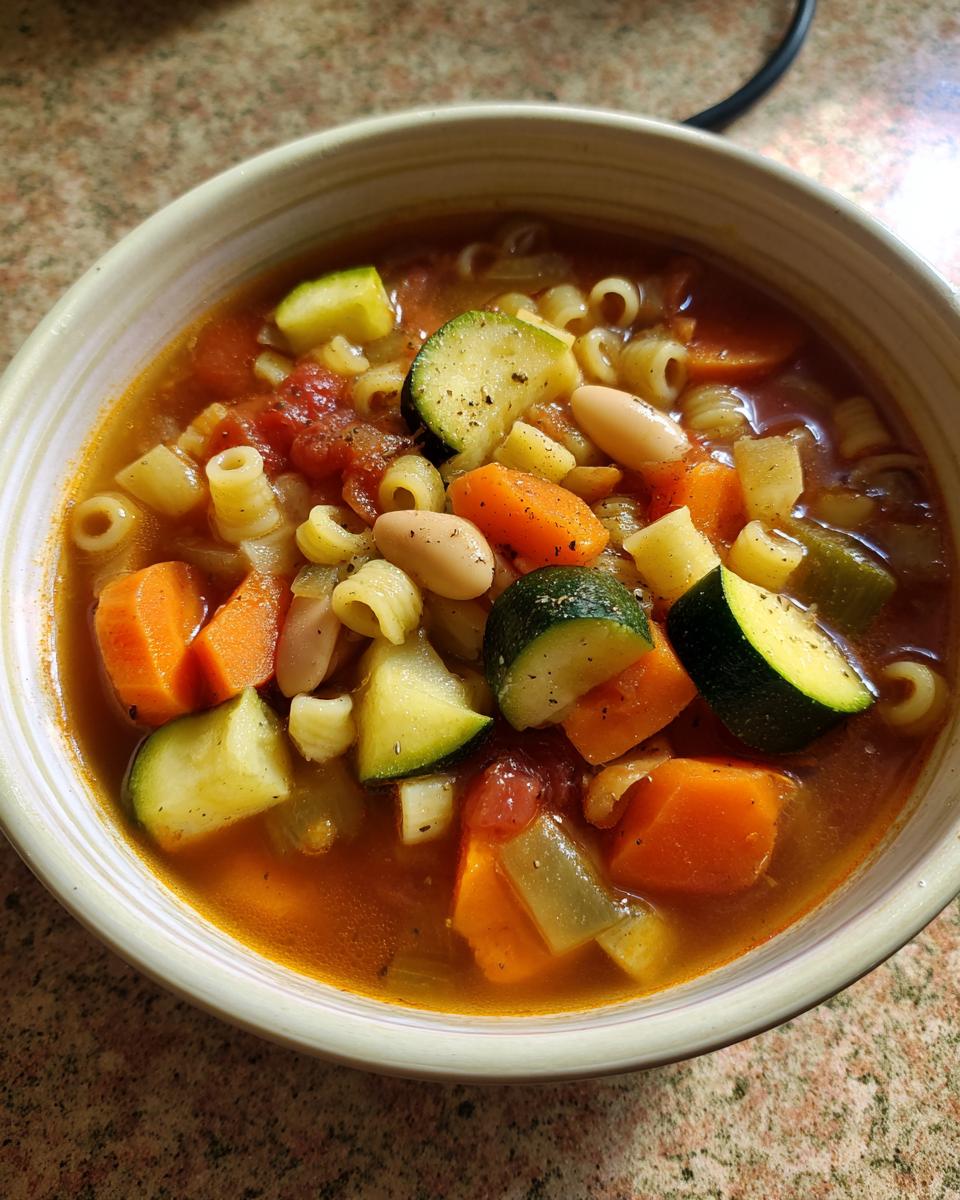 Close-up of a bowl filled with Minestrone Soup featuring chunky carrots, zucchini, white beans, and small pasta shapes in a rich broth.
