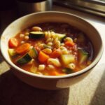 A close-up of a warm bowl of Minestrone Soup filled with pasta, carrots, and zucchini in a tomato broth.
