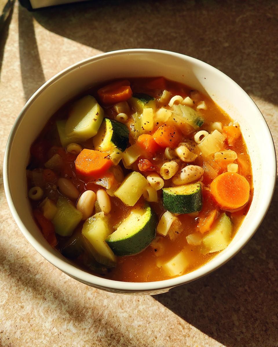 Close-up of a bowl filled with chunky Minestrone Soup featuring zucchini, carrots, beans, and small pasta.