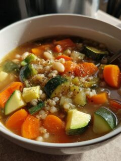 A close-up of a white bowl filled with flavorful Minestrone Soup featuring carrots, zucchini, barley, and beans.