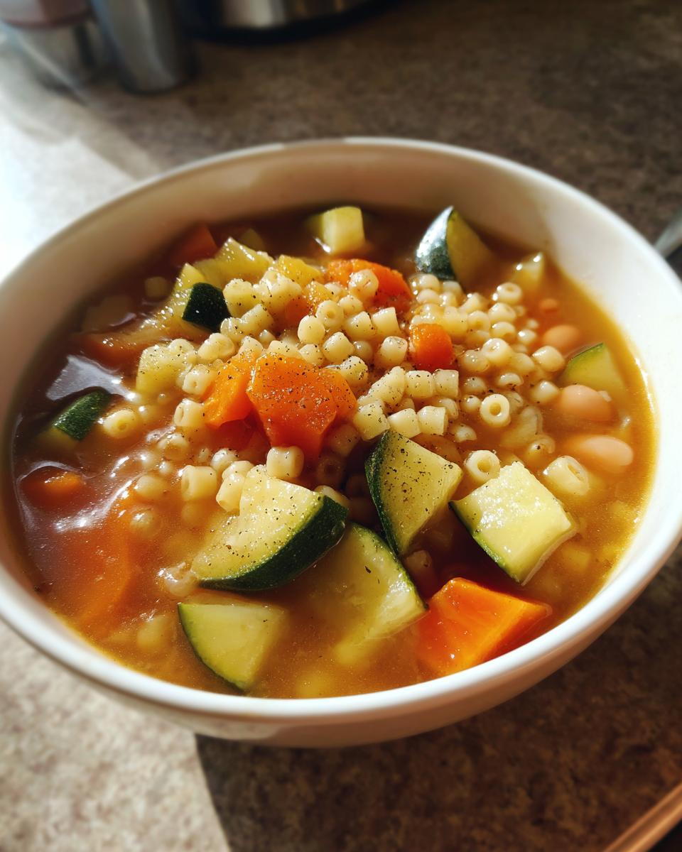 Close-up of a white bowl filled with Minestrone Soup featuring diced carrots, zucchini, small pasta, and beans in broth.