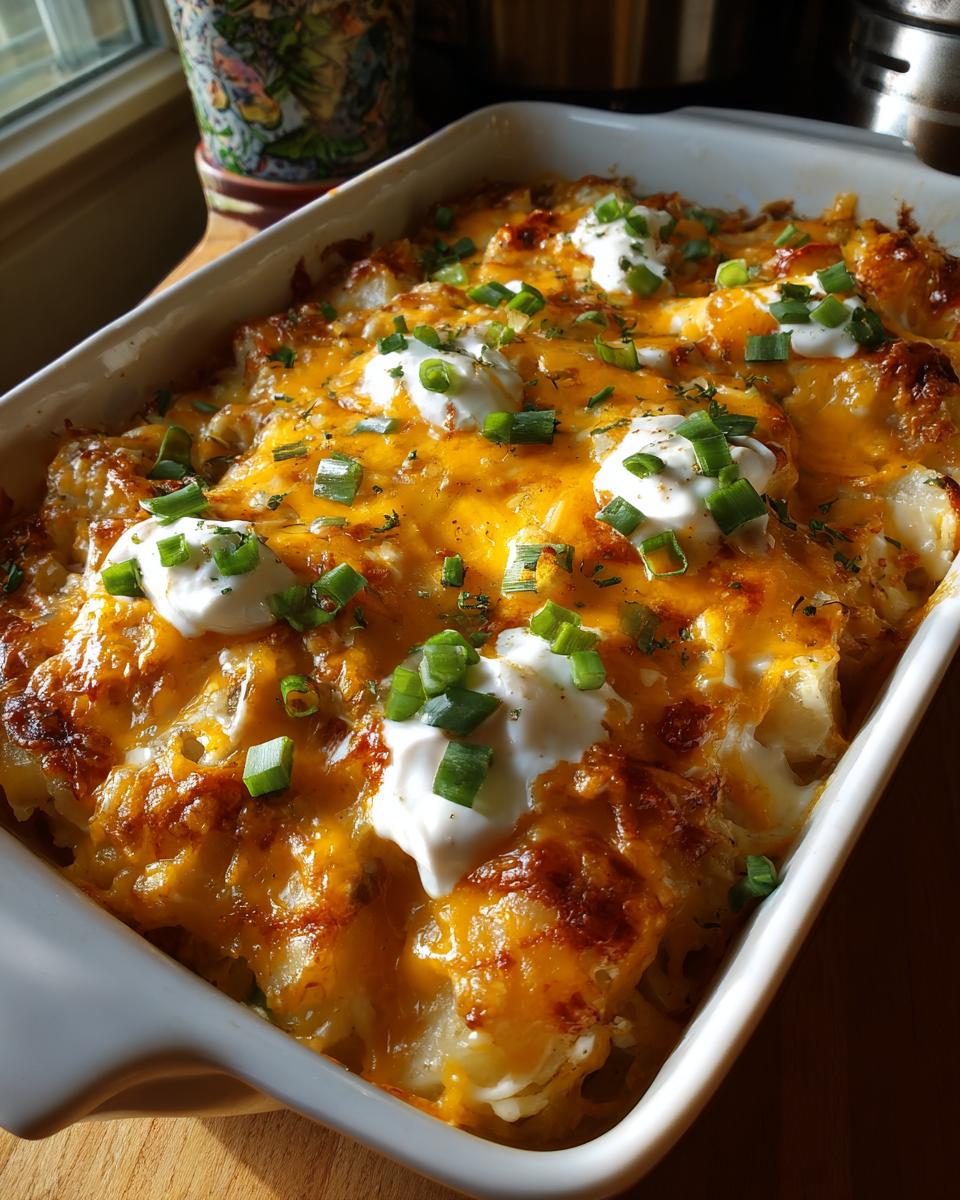 A close-up of baked Mississippi Mud Potatoes casserole topped with melted cheddar cheese, sour cream dollops, and green onions.