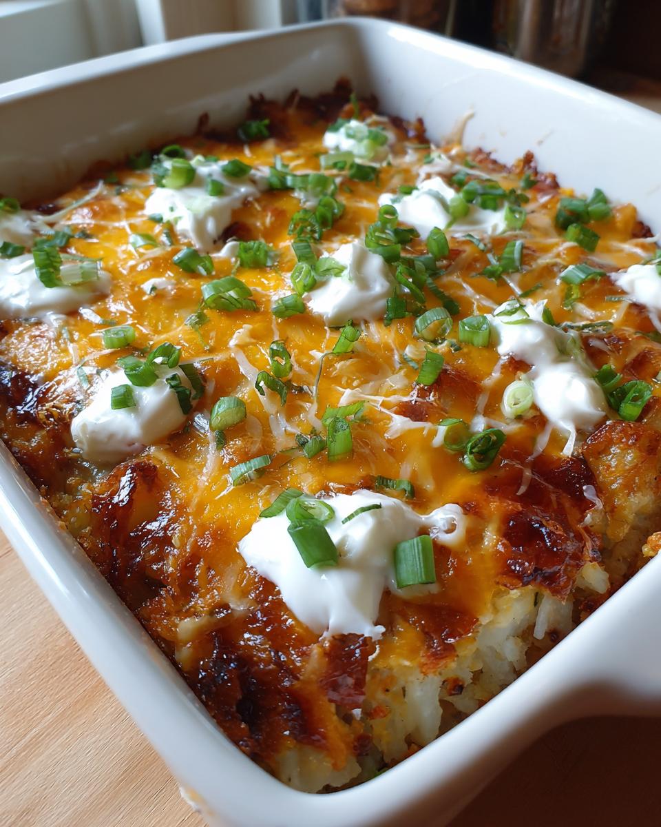 Close-up of baked Mississippi Mud Potatoes casserole topped with melted cheddar cheese, sour cream dollops, and green onions.