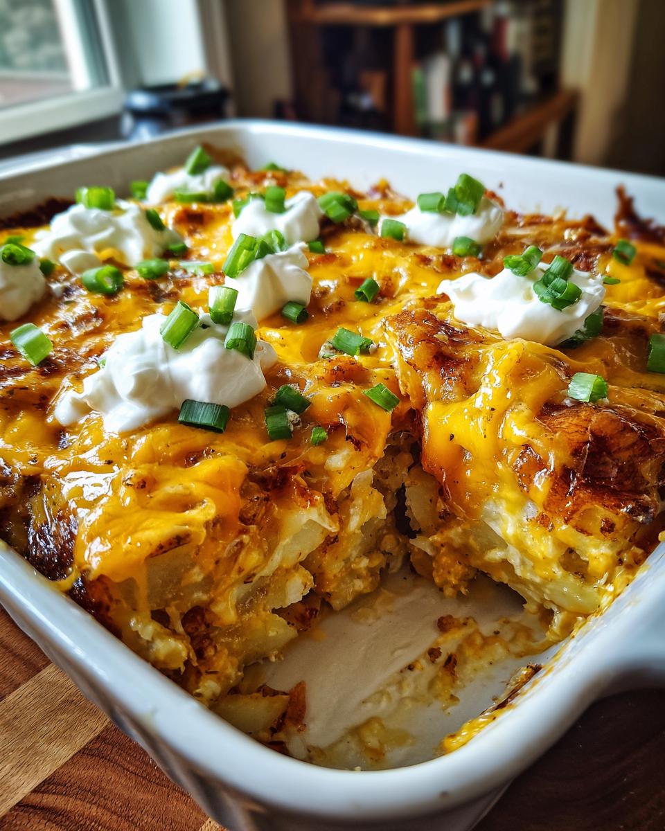 A close-up of baked Mississippi Mud Potatoes casserole in a white dish, topped with melted cheddar cheese, sour cream dollops, and chives.