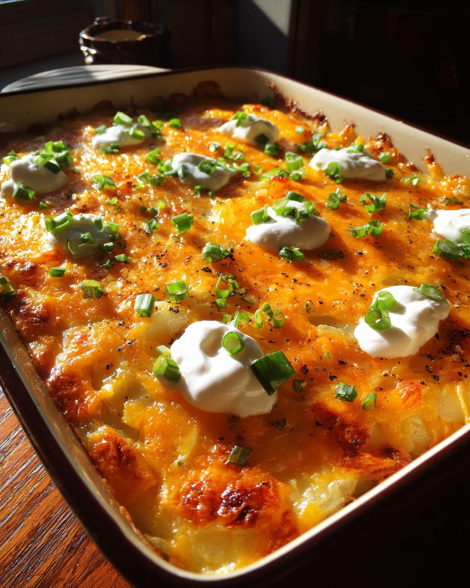 Close-up of baked Mississippi Mud Potatoes topped with melted cheddar cheese, dollops of sour cream, and fresh green onions.