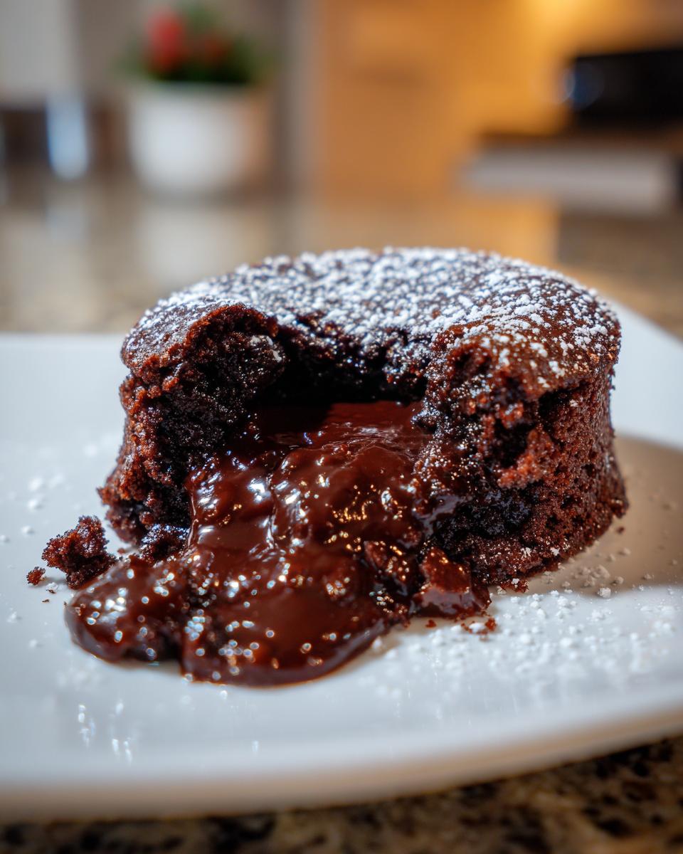 A close-up of a warm Crockpot Chocolate Lava Cake, cut open to show the molten center oozing out, dusted with powdered sugar.