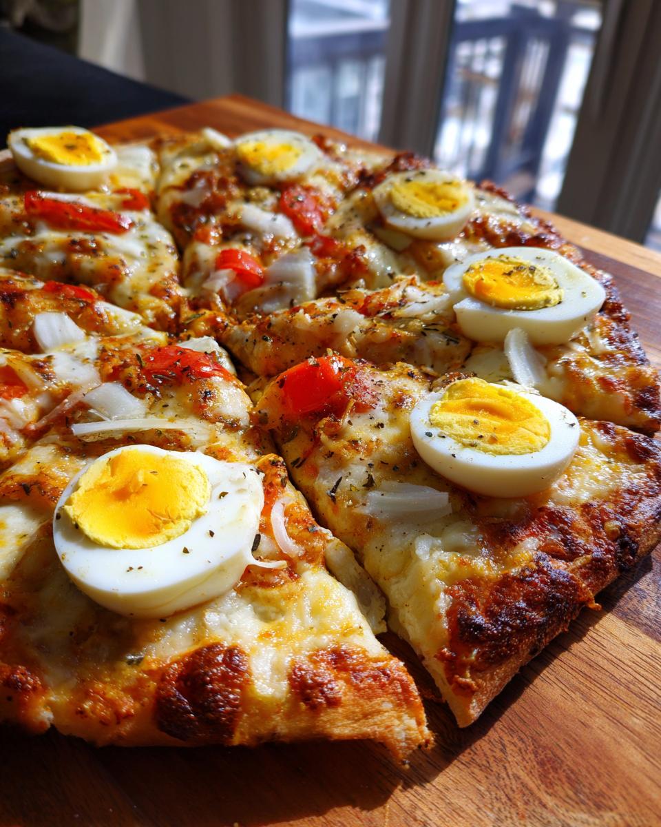A baked pizza topped with cheese, onions, peppers, and slices of hard-boiled eggs resembling eyes for Monster Eyeball Pizza.