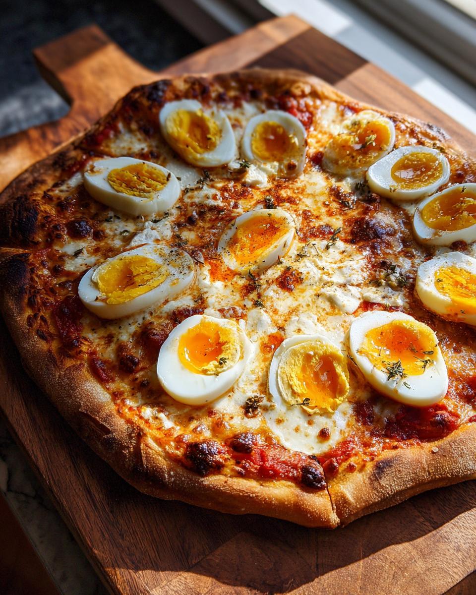 A rustic pizza topped with cheese, tomato sauce, and halved soft-boiled eggs resembling eyes for a Monster Eyeball Pizza.