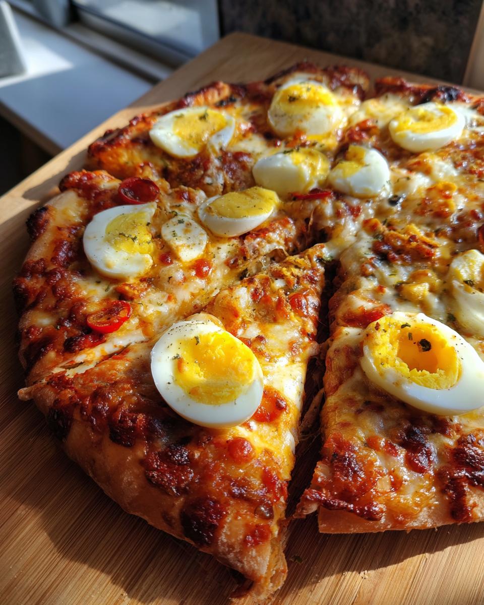 A freshly baked Monster Eyeball Pizza topped with melted cheese and halved hard-boiled eggs resembling eyeballs.