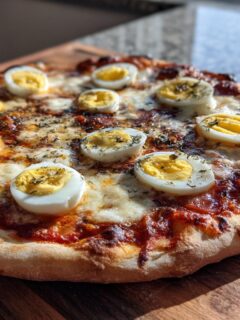 A baked pizza topped with melted cheese, tomato sauce, and sliced hard-boiled eggs resembling eyeballs for a Monster Eyeball Pizza.