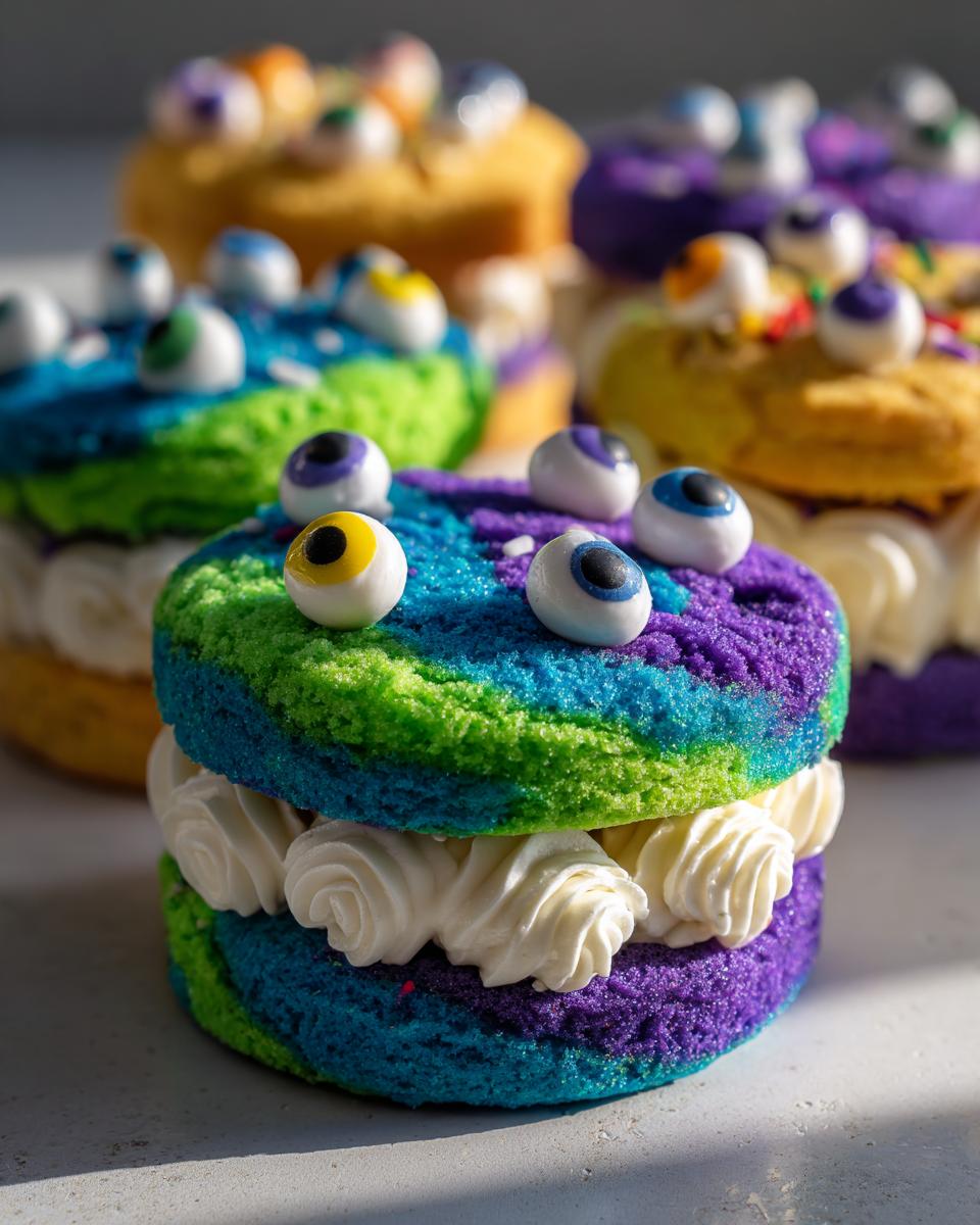 Close-up of a vibrant, multi-colored Monster Sandwich Cookie filled with white frosting and topped with candy eyeballs.
