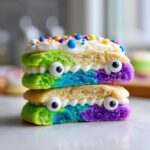 Two stacked Monster Sandwich Cookies featuring rainbow-colored bases, white frosting teeth, candy eyes, and colorful sprinkles.