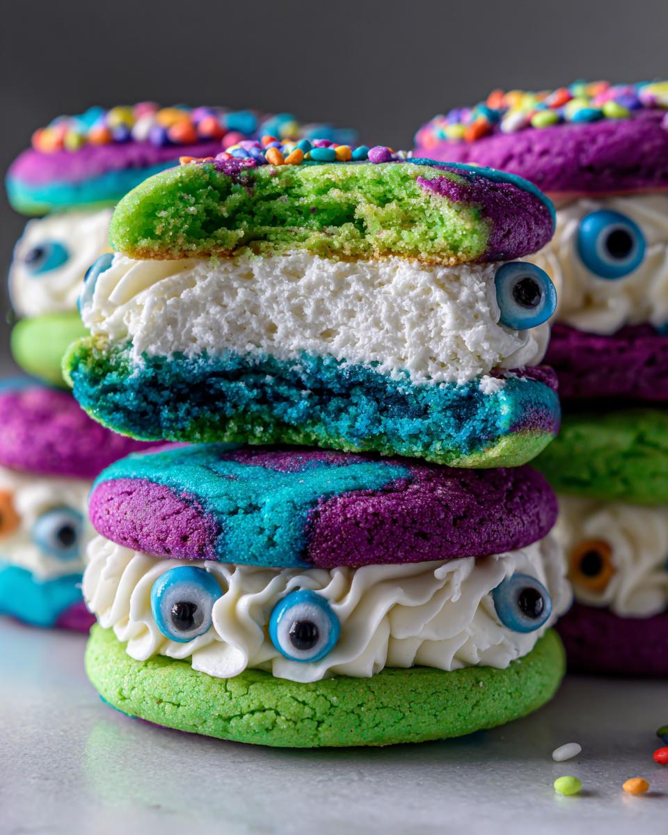 Close-up of stacked, colorful Monster Sandwich Cookies featuring bright green, blue, and purple swirls and candy eyeballs.