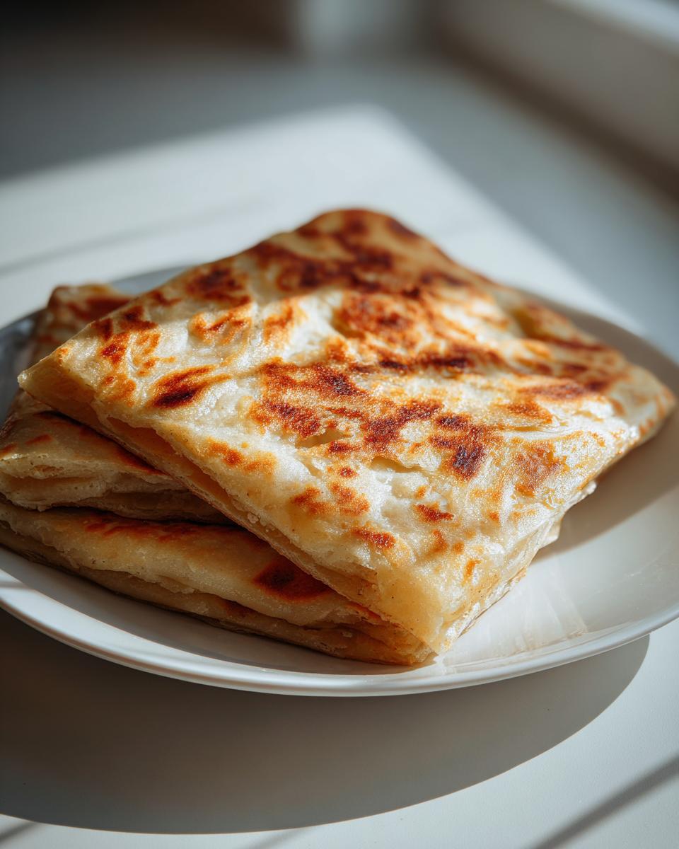 A stack of golden-brown, square-folded Msemen Moroccan Pancake layers resting on a white plate.