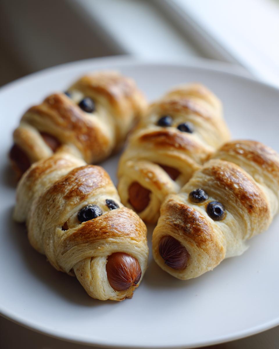 Four baked Mummy Dogs made with crescent dough and olive eyes, resting on a white plate.