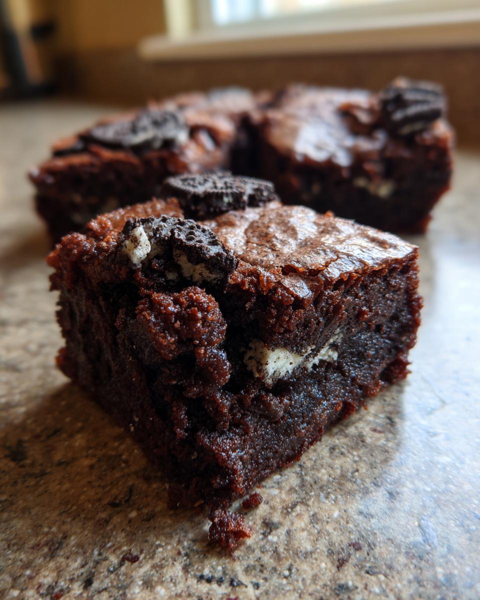 A close-up shot of a fudgy Oreo Boo Brownies square, topped with pieces of Oreo cookies.