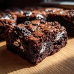 A close-up, richly textured square of Oreo Boo Brownies showing a fudgy interior and chunks of Oreo cookie.