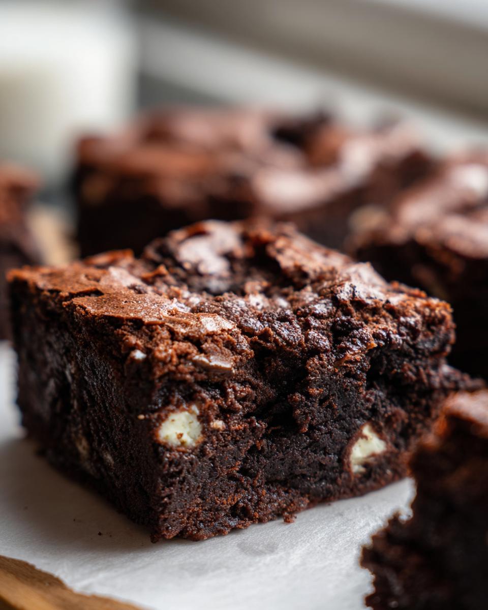 A close-up of a rich, fudgy Oreo Boo Brownies square showing white chocolate chips embedded in the dark chocolate.