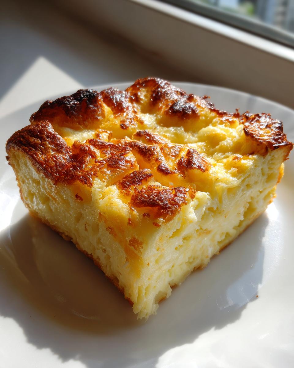 A square slice of baked Overnight French Toast with a golden, slightly browned top, served on a white plate.