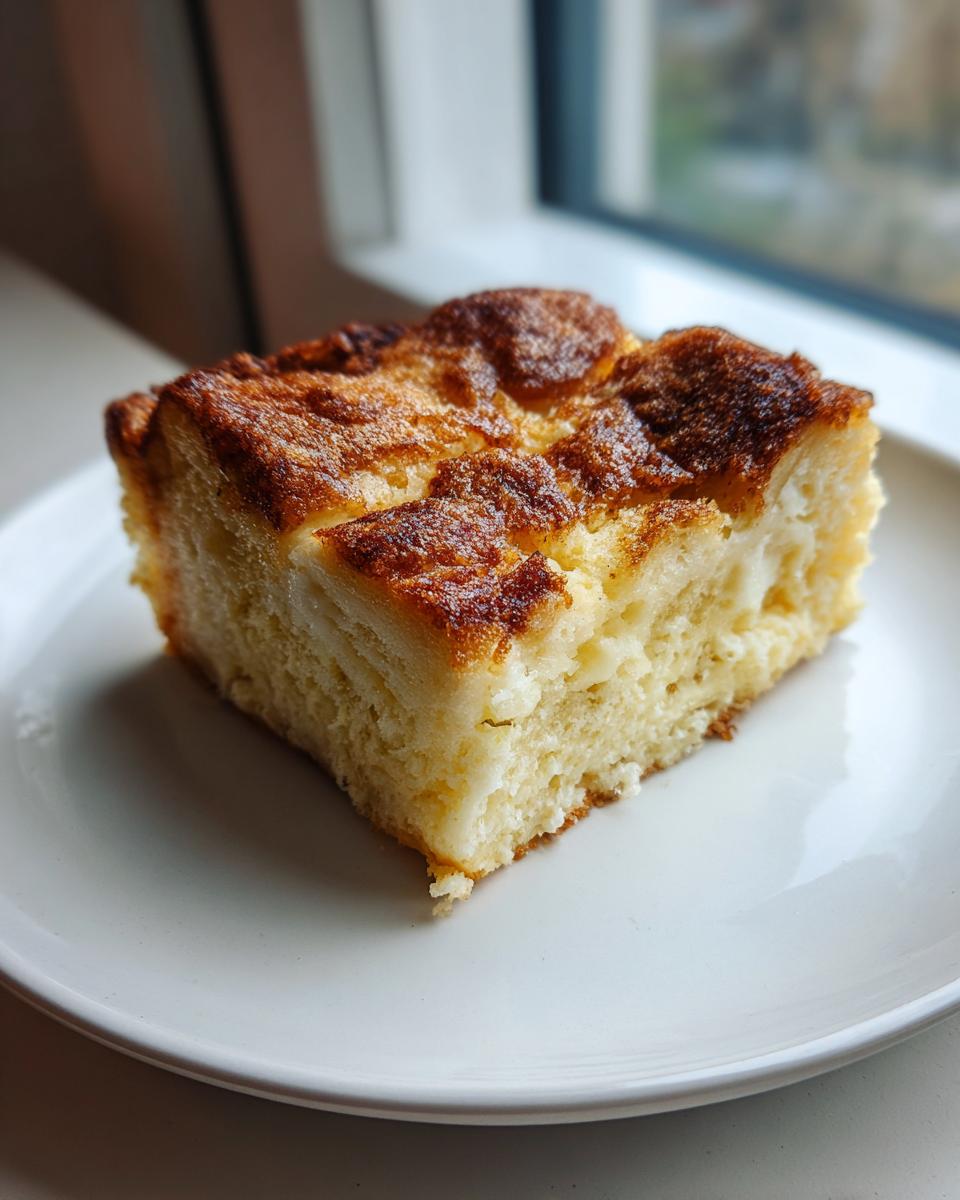 A square slice of baked Overnight French Toast with a golden brown, slightly caramelized top, served on a white plate.
