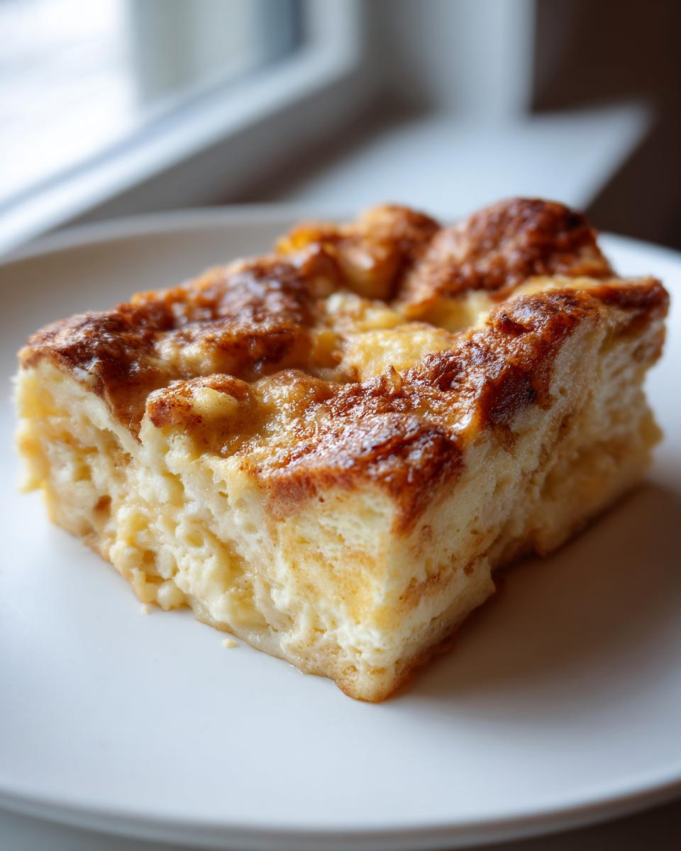 A close-up of a square slice of baked Overnight French Toast on a white plate.