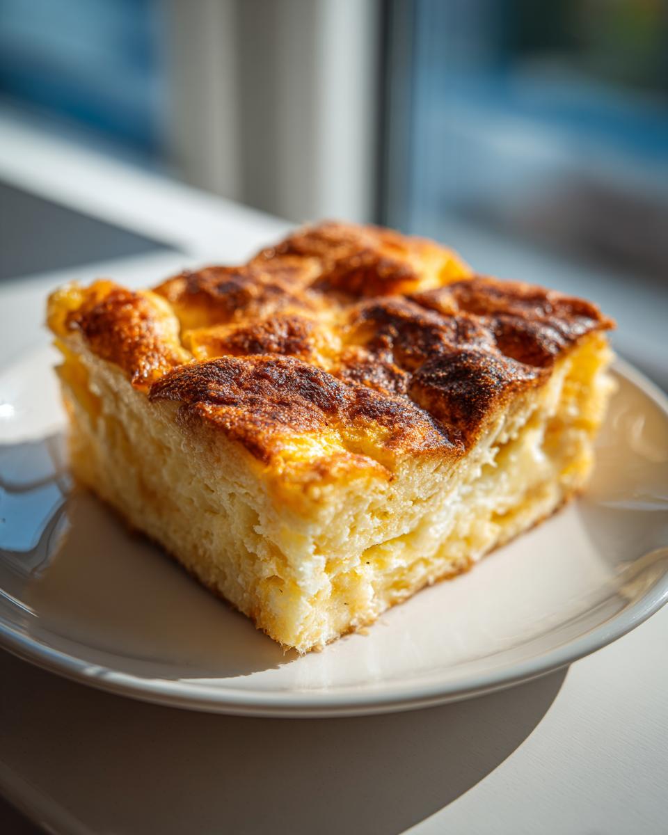 A square slice of baked Overnight French Toast, showing a fluffy interior and a deeply browned, caramelized top, served on a white plate.