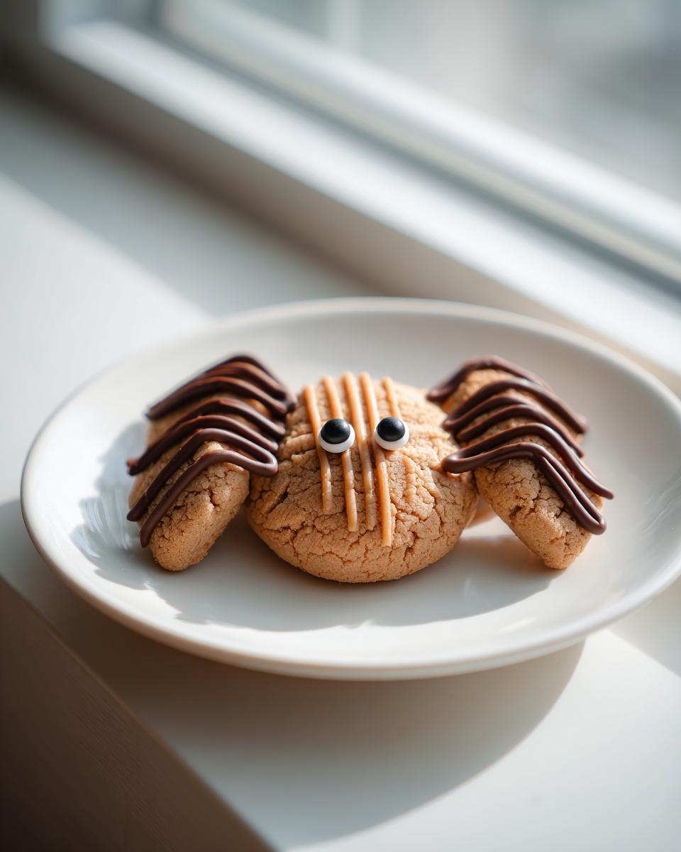 A single Peanut Butter Spider Cookie decorated with piped chocolate legs and candy eyes, resting on a white plate.