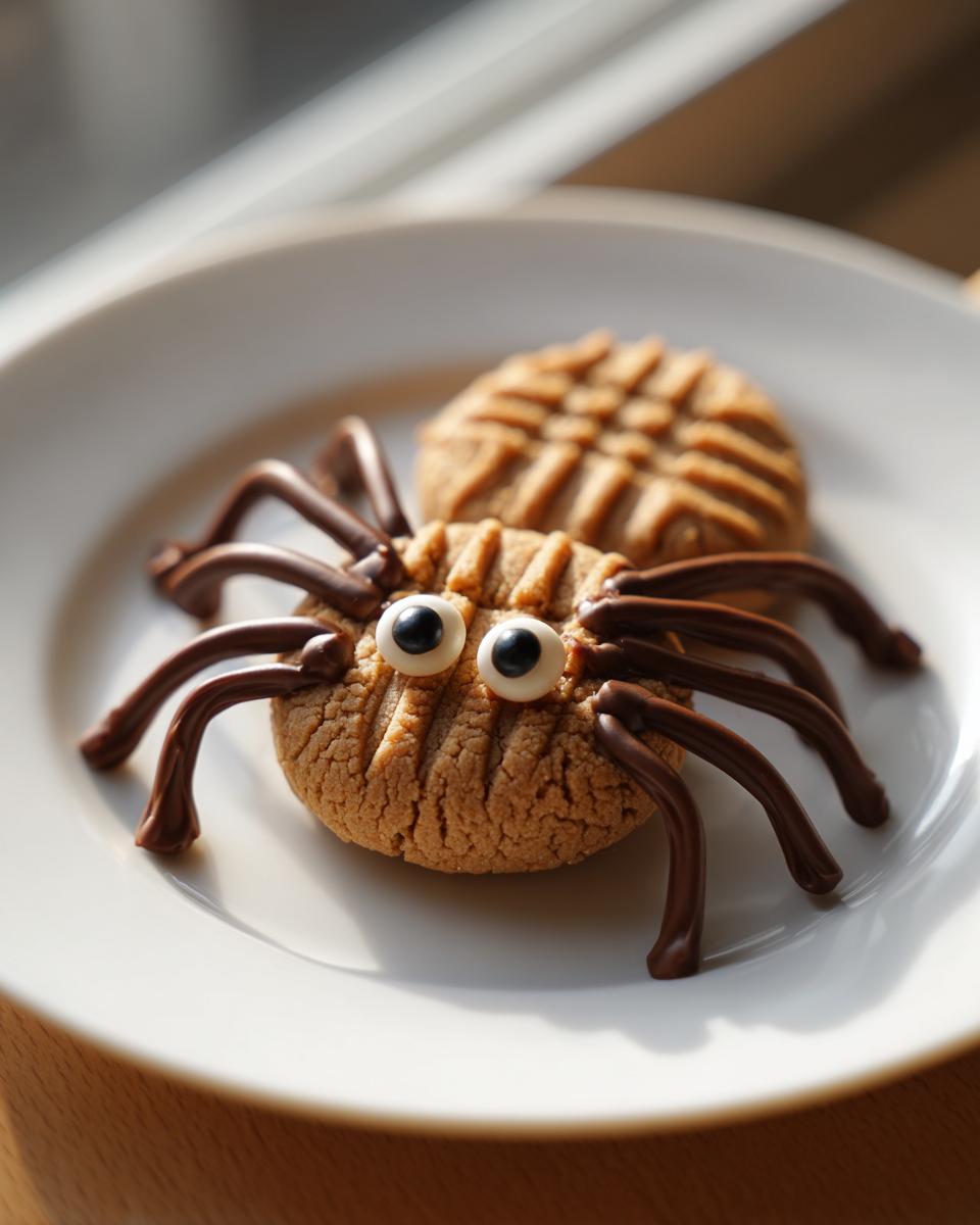 A close-up of a fun Peanut Butter Spider Cookie decorated with chocolate legs and candy eyes on a white plate.