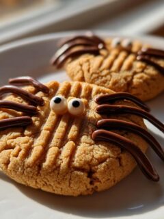 Two decorated Peanut Butter Spider Cookies on a white plate, featuring candy eyes and piped chocolate legs.