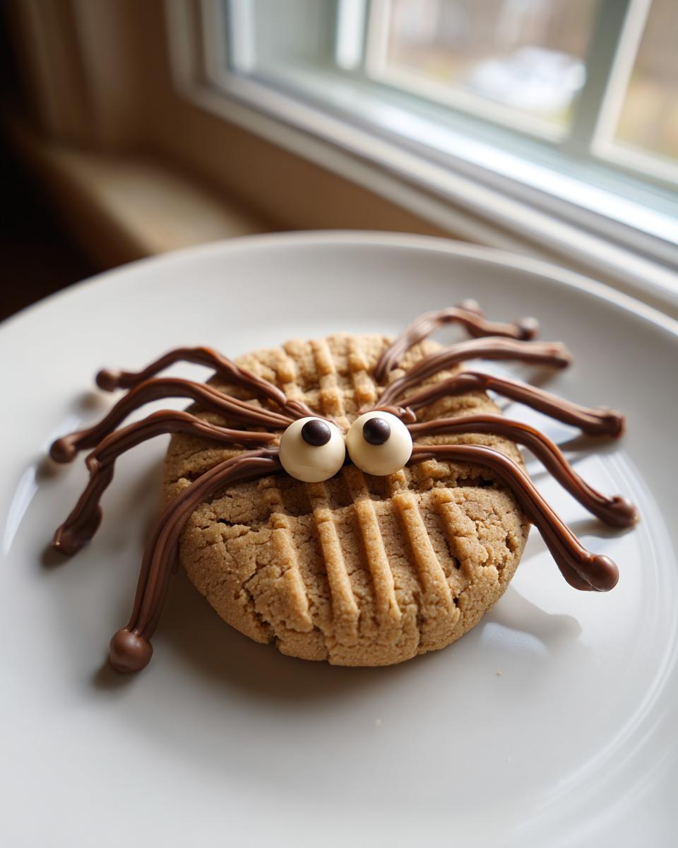 A single Peanut Butter Spider Cookie decorated with candy eyes and chocolate legs, sitting on a white plate.