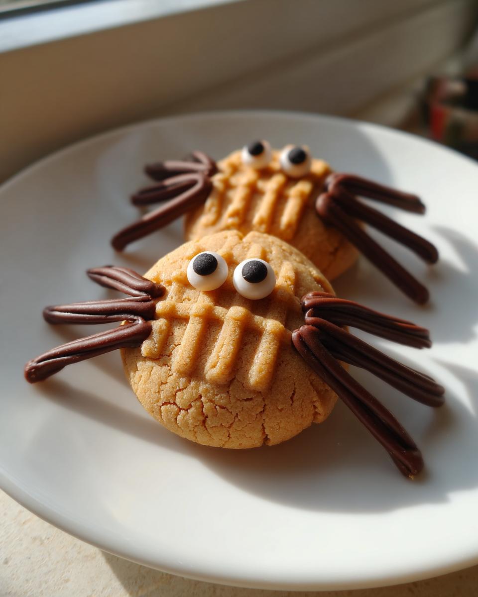 Two finished Peanut Butter Spider Cookies decorated with candy eyes and chocolate legs, sitting on a white plate.