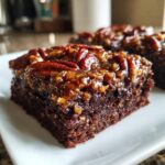 A close-up of a fudgy square of Pecan Pie Brownies topped with a glossy pecan pie filling.