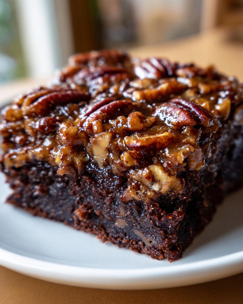 Close-up of a rich, fudgy square of Pecan Pie Brownies topped with glossy caramel and whole pecans.