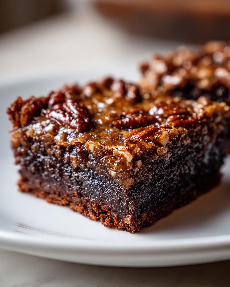 A close-up of a rich, dark chocolate Pecan Pie Brownies square topped with a gooey, caramelized pecan layer.