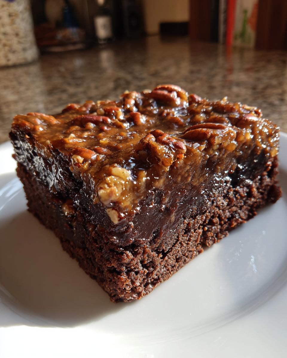 A decadent square of Pecan Pie Brownies featuring a dense chocolate base and a gooey pecan topping, served on a white plate.