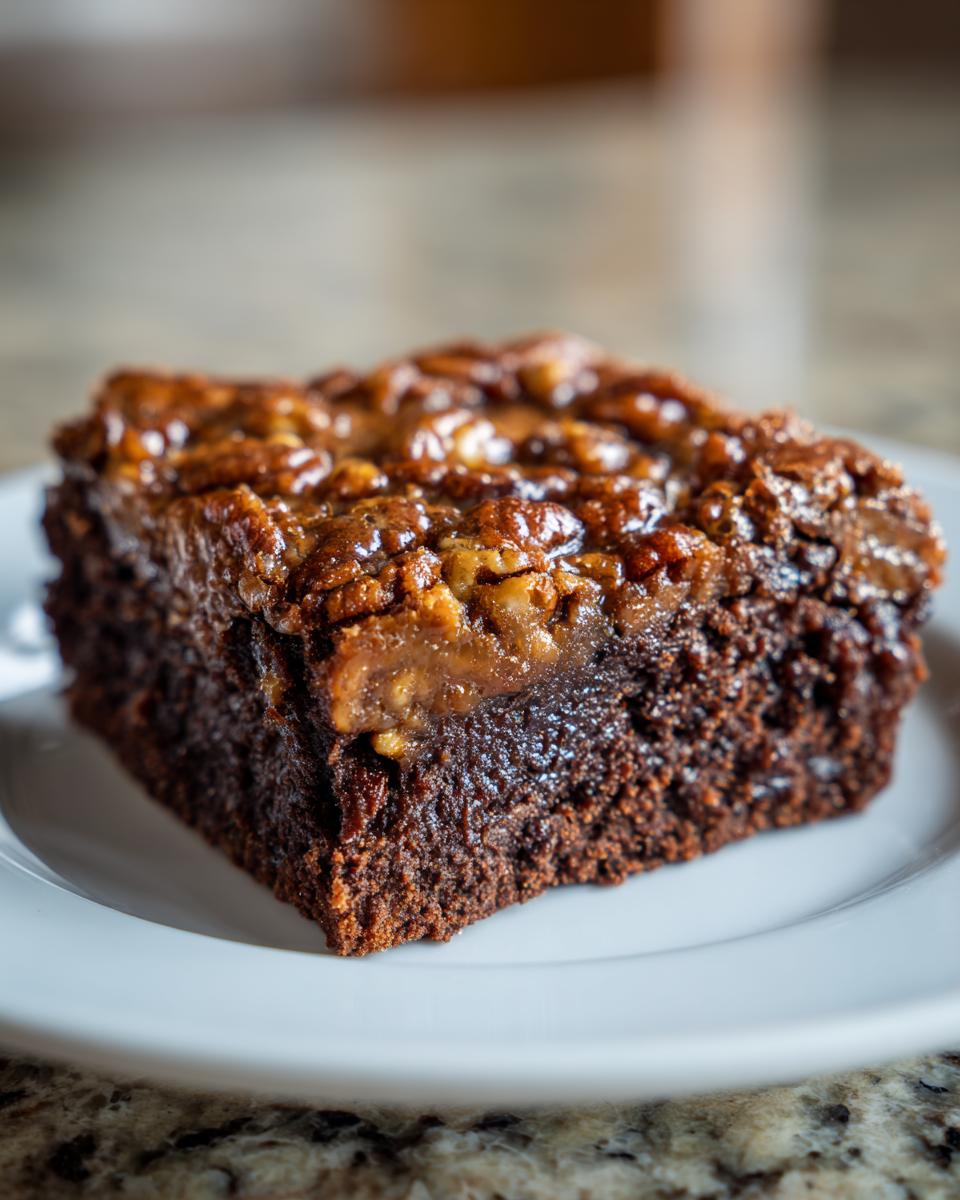 A rich, fudgy slice of Pecan Pie Brownies featuring a thick, gooey pecan topping served on a small white plate.