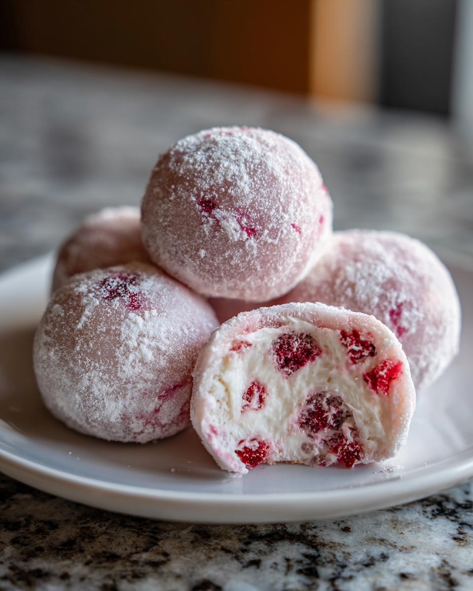 A stack of pink Watermelon Mochi dusted with powdered sugar, with one piece cut open showing a creamy white filling studded with red fruit pieces.