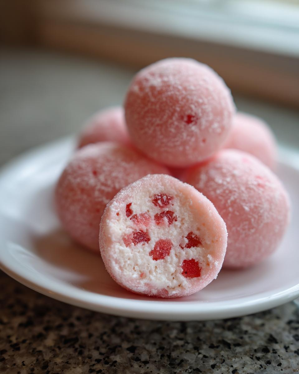 A close-up of pink, dusted Watermelon Mochi balls, one cut open showing the white filling with red watermelon pieces.