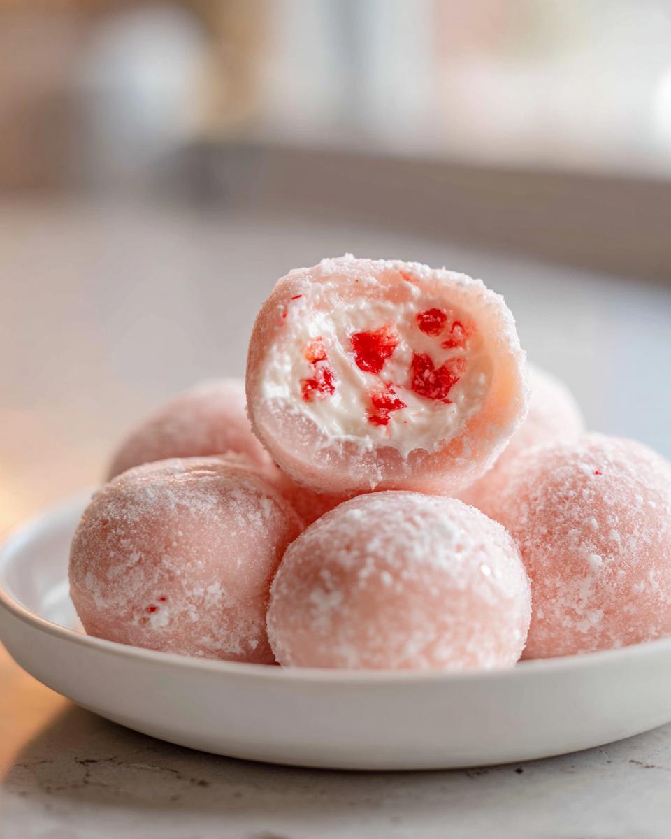 A stack of pink Watermelon Mochi dusted with powder, with one piece cut open revealing a creamy filling with red watermelon chunks.