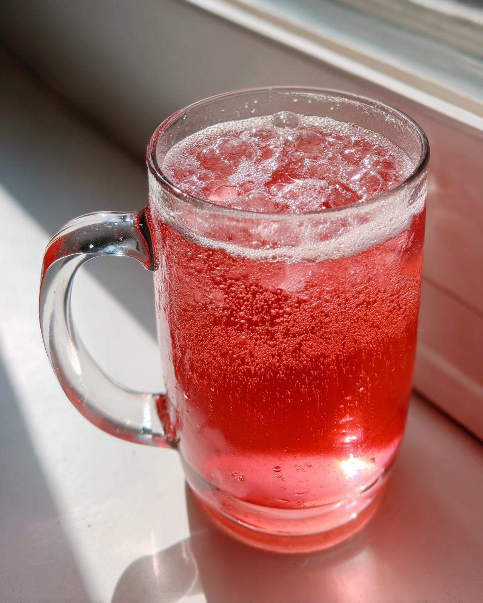 A glass mug filled with bright, bubbly Pink Witch Punch, sitting in sunlight.