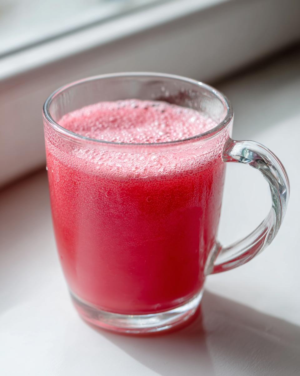 A clear glass mug filled with bright, foamy Pink Witch Punch sitting on a white surface near a window.