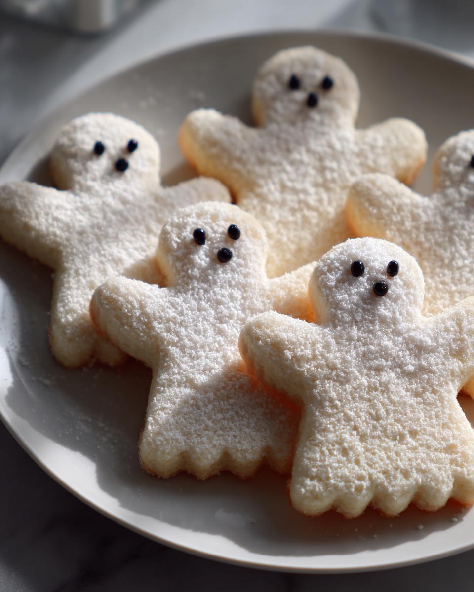 Several homemade Ghost Cookies dusted heavily with powdered sugar, featuring small black eyes, arranged on a white plate.