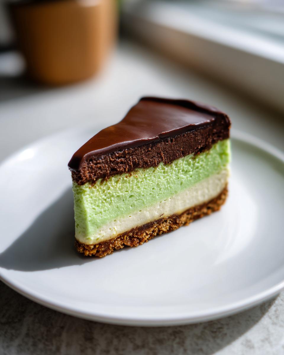 A decadent slice of Polyjuice Potion Cheesecake featuring a graham cracker crust, white layer, green layer, and chocolate ganache topping.