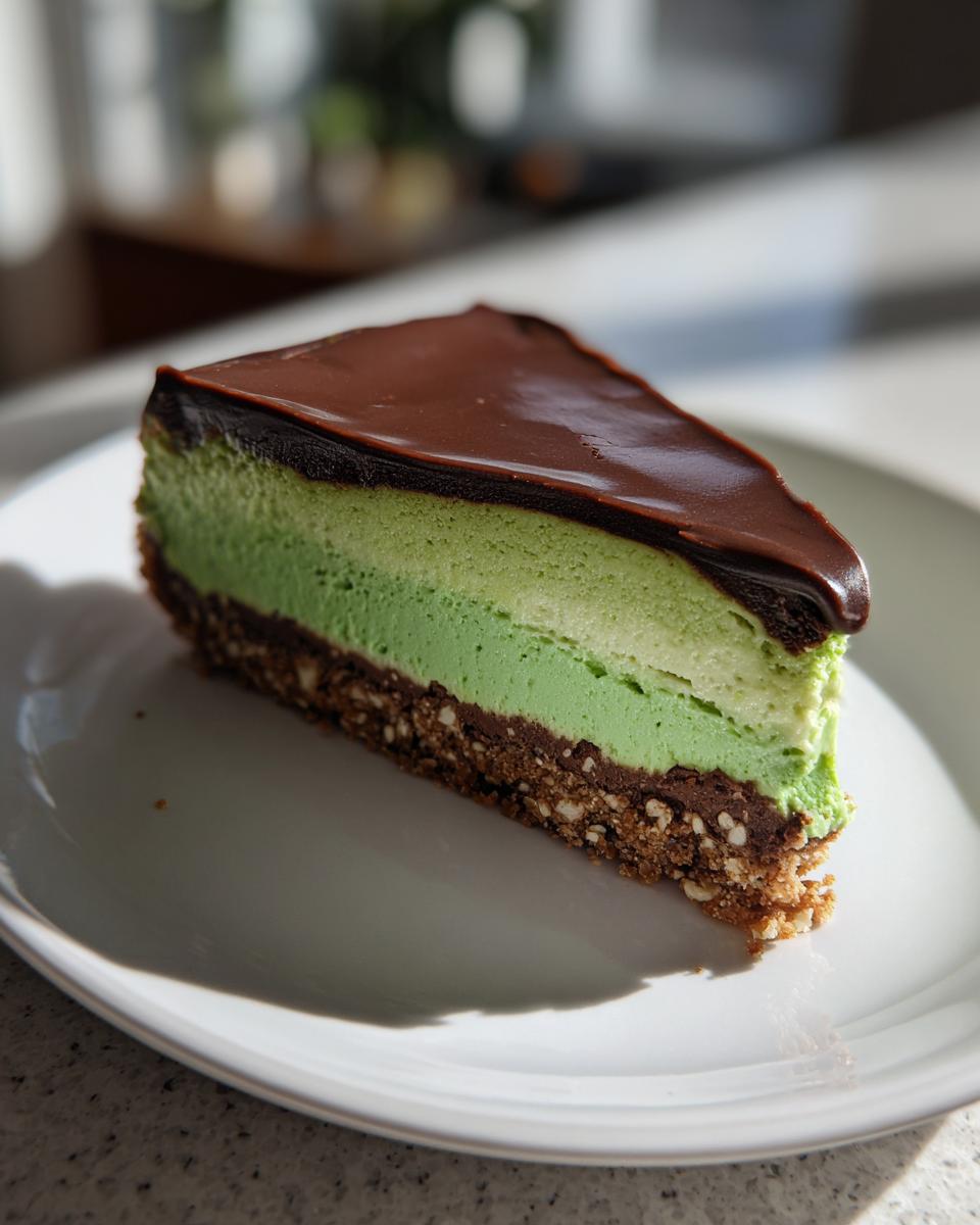 A slice of layered Polyjuice Potion Cheesecake featuring a graham cracker crust, white layer, green layer, and chocolate ganache topping, topped with dark chocolate ganache.